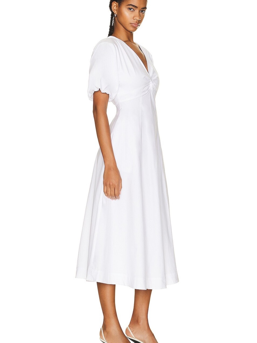 Staud V-Neck Puff Sleeve Cotton Blend Finley Midi Dress White Size 4 $375 NWT - Picture 2 of 9